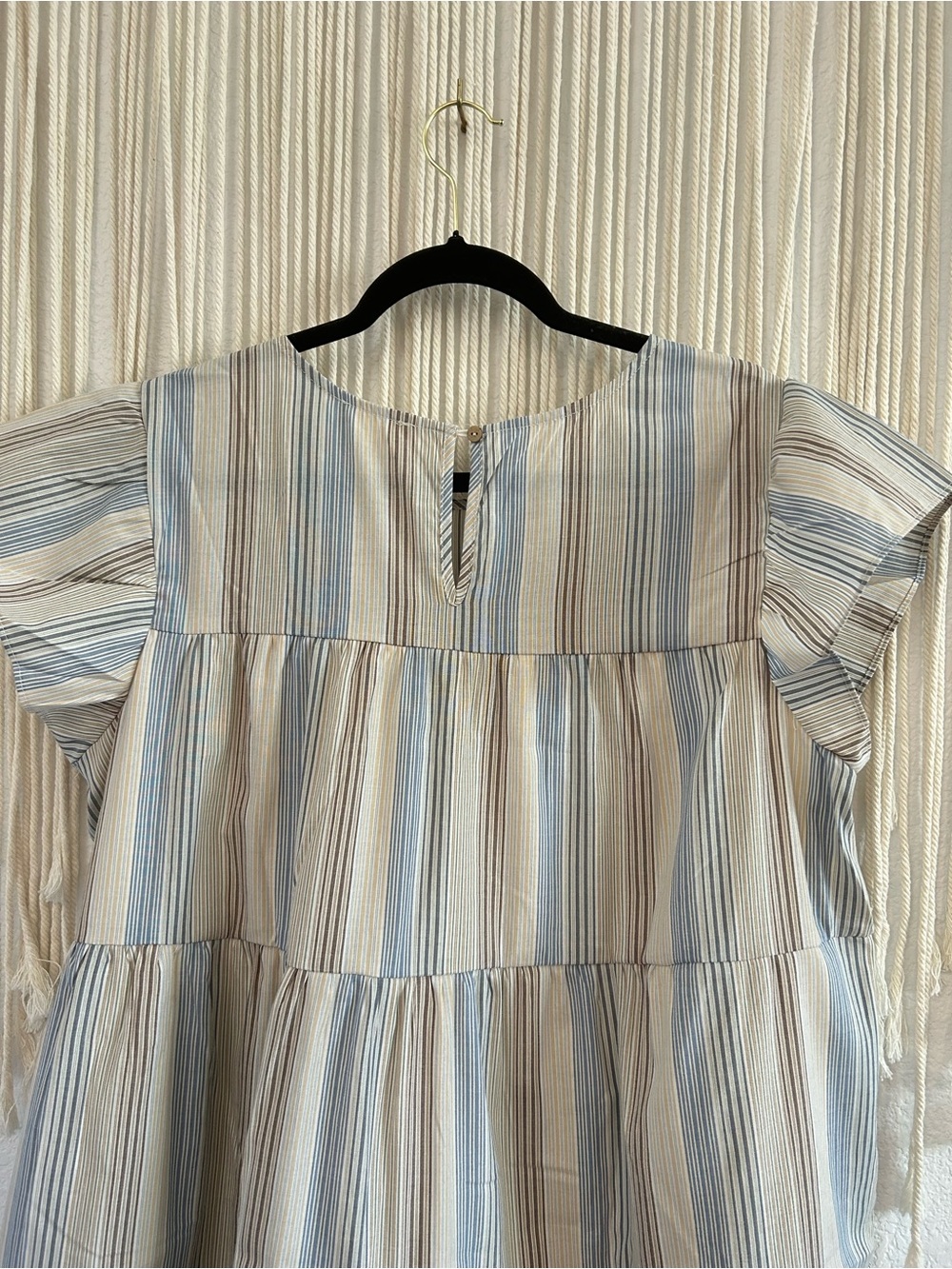 PERCH Striped Tiered Flutter Sleeve Mini Dress Blue & Taupe Flowy Babydoll Dress - Picture 10 of 16